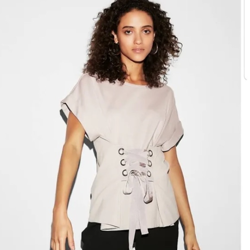 Express light pink capped short sleeve dressy top corset waist blouse
